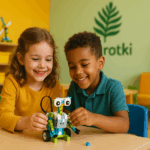 Przedszkolaki budujące robota z klocków LEGO w opolskiej Paprotce